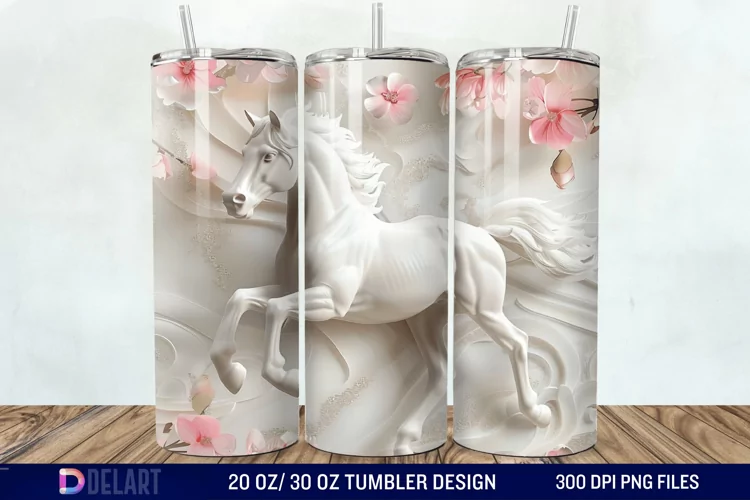 3D White Horse Pink Tumbler Wrap