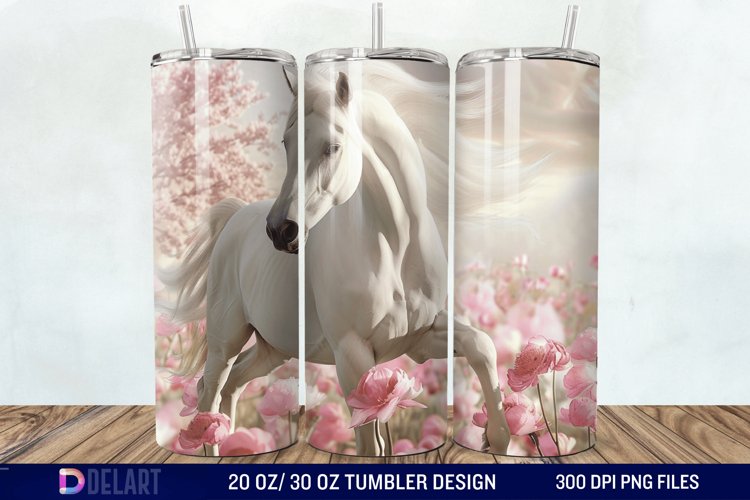 3D White Horse Pink Tumbler Wrap example image 1
