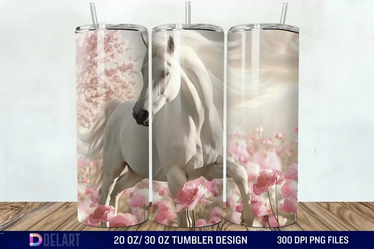 3D White Horse Pink Tumbler Wrap