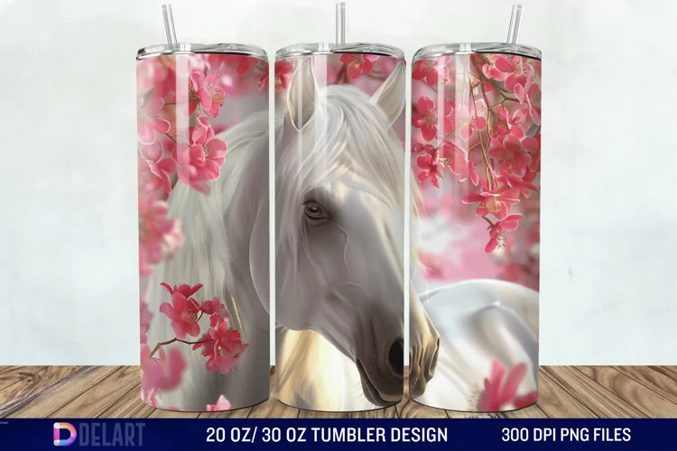 3D White Horse Pink Tumbler Wrap