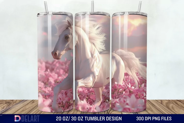 3D White Horse Pink Tumbler Wrap