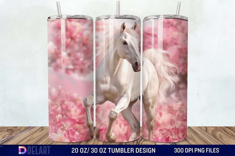 3D White Horse Pink Tumbler Wrap example image 1