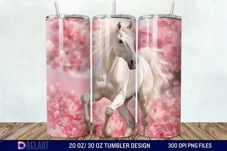 3D White Horse Pink Tumbler Wrap