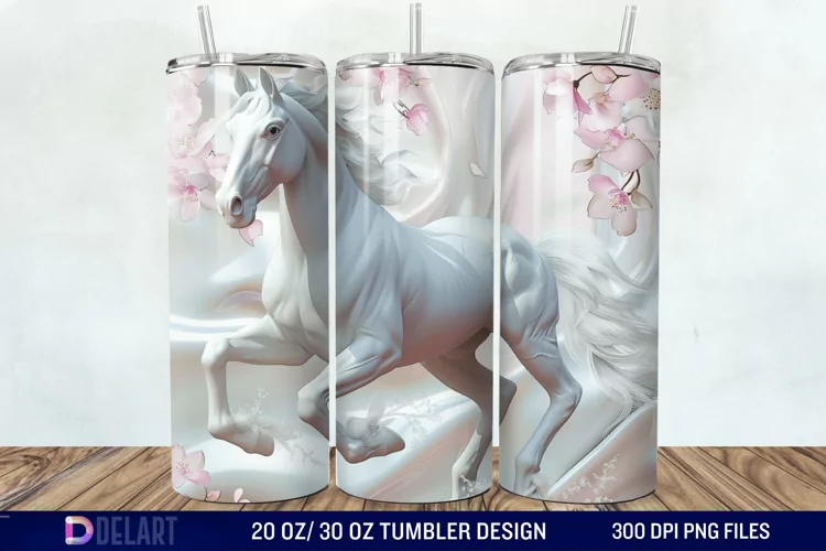 3D White Horse Pink Tumbler Wrap