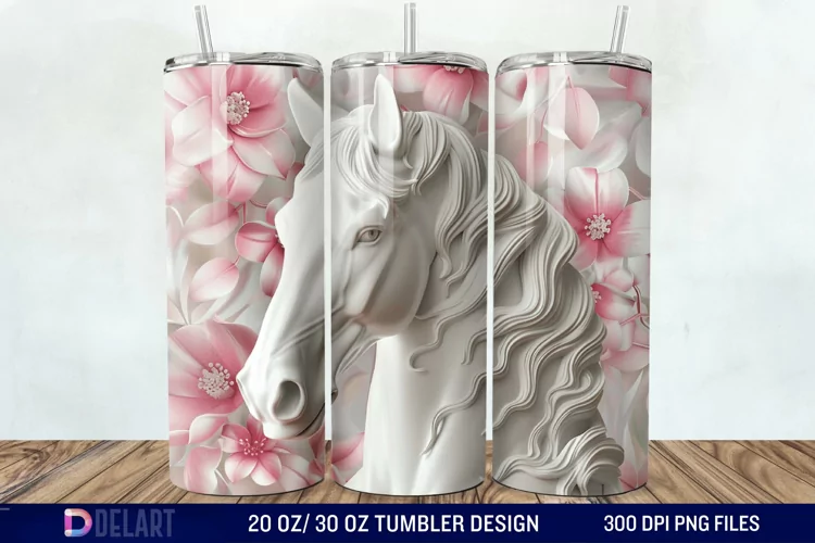 3D White Horse Pink Tumbler Wrap