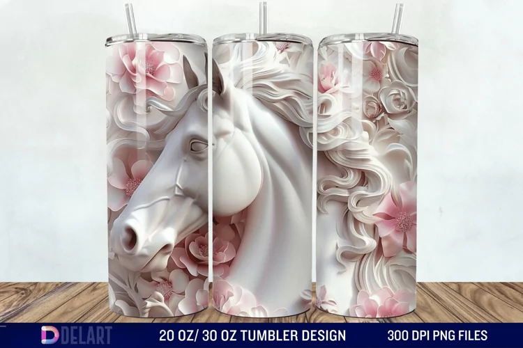 3D White Horse Pink Tumbler Wrap