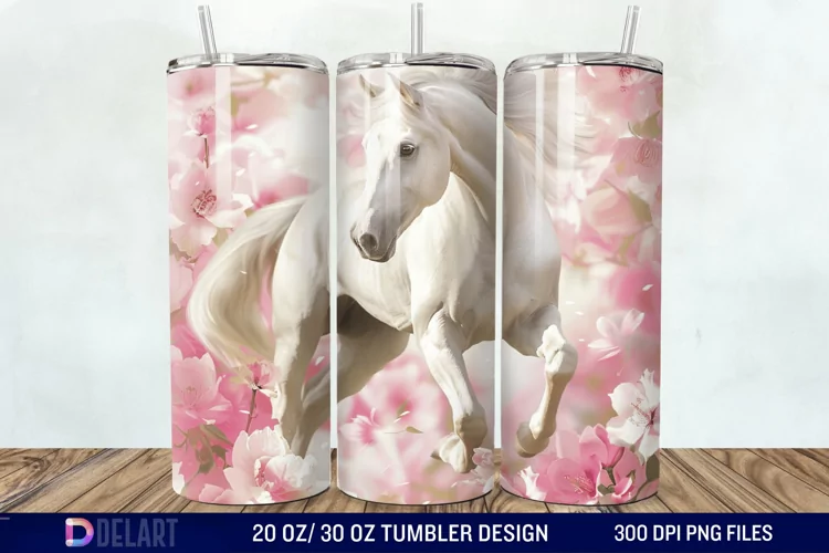 3D White Horse Pink Tumbler Wrap