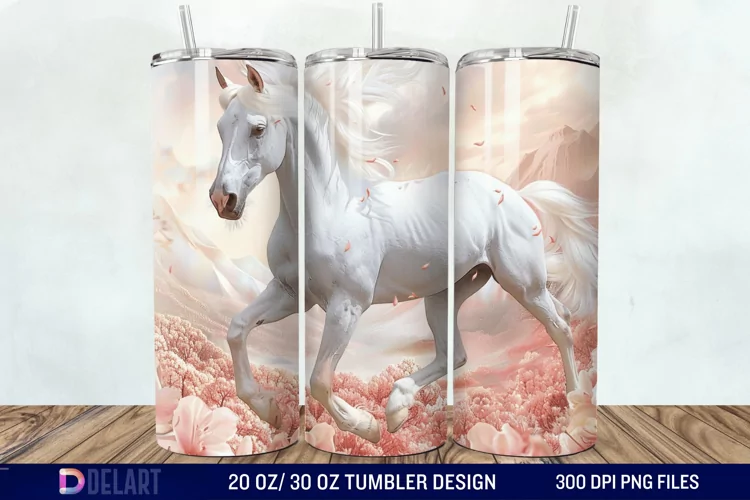 3D White Horse Pink Tumbler Wrap