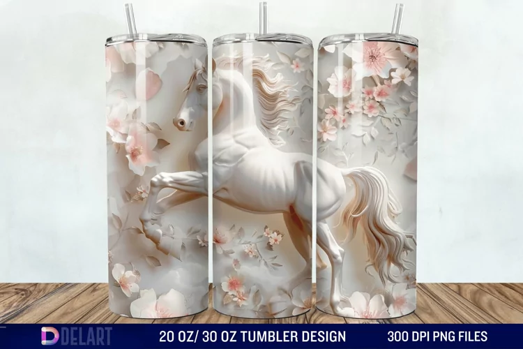 3D White Horse Pink Tumbler Wrap
