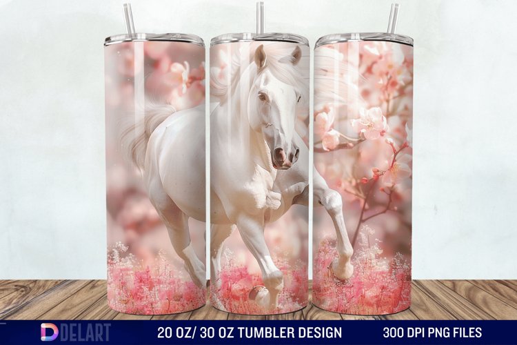 3D White Horse Pink Tumbler Wrap example image 1