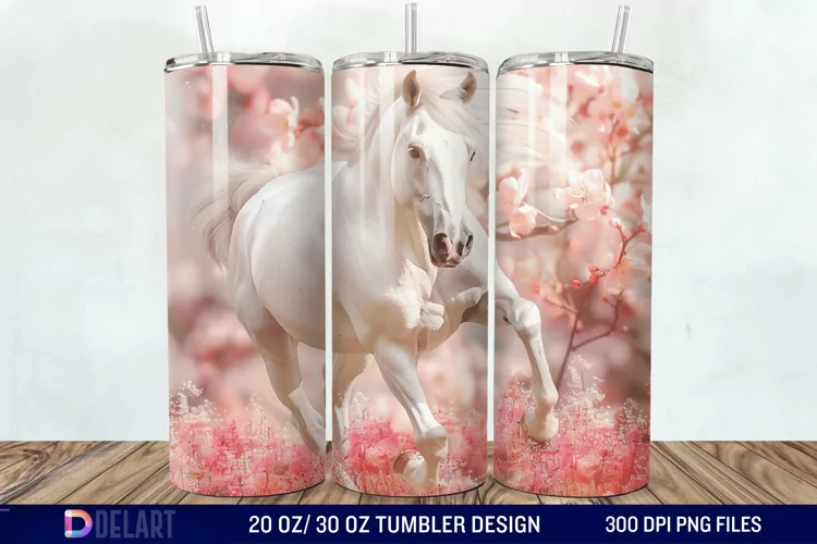3D White Horse Pink Tumbler Wrap