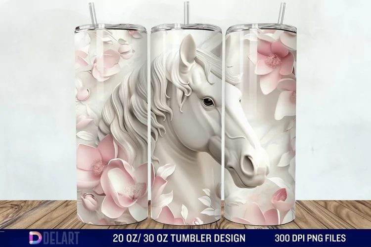 3D White Horse Pink Tumbler Wrap