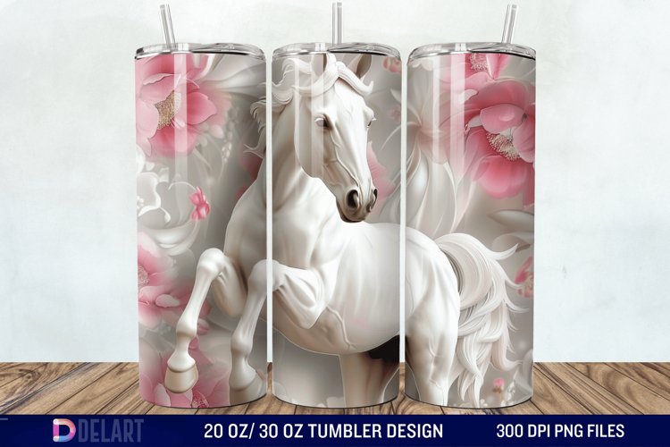 3D White Horse Pink Tumbler Wrap example image 1