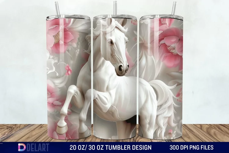 3D White Horse Pink Tumbler Wrap