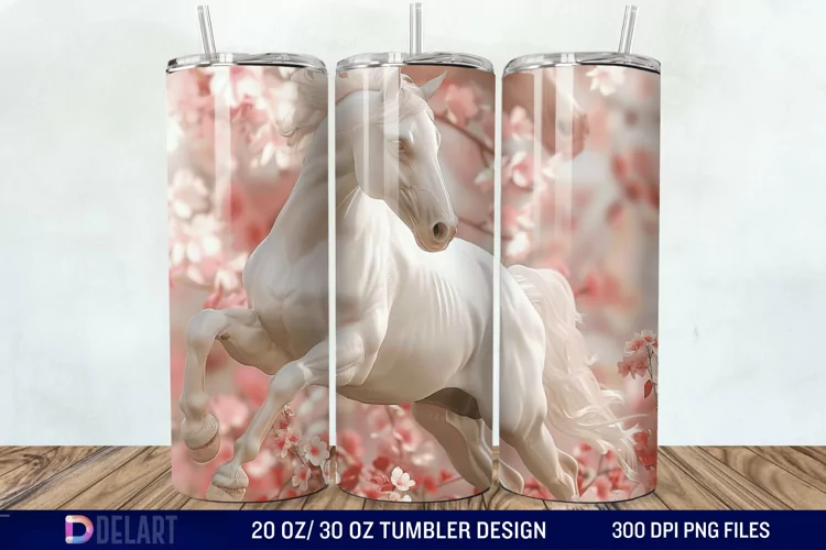 3D White Horse Pink Tumbler Wrap