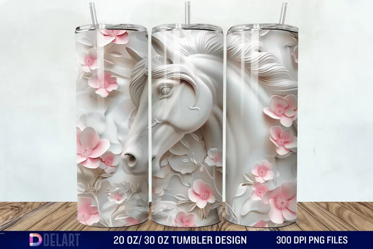 3D White Horse Pink Tumbler Wrap
