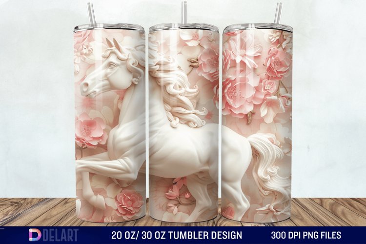 3D White Horse Pink Tumbler Wrap example image 1