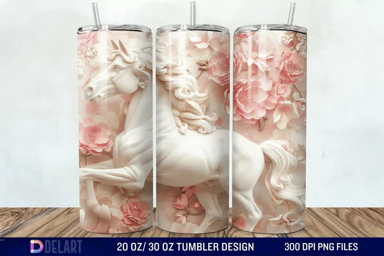 3D White Horse Pink Tumbler Wrap