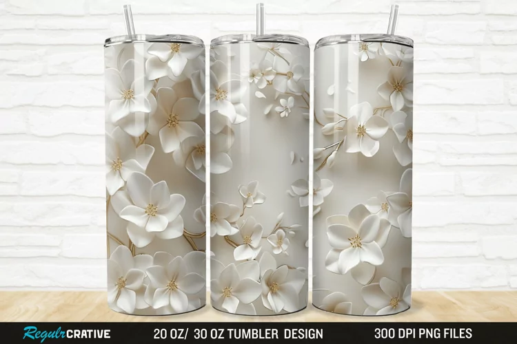 3D White Jasmine Flowers 20/30oz Skinny Tumbler