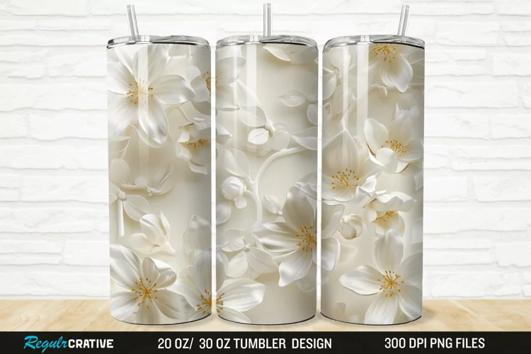 3D White Jasmine Flowers 20/30oz Skinny Tumbler