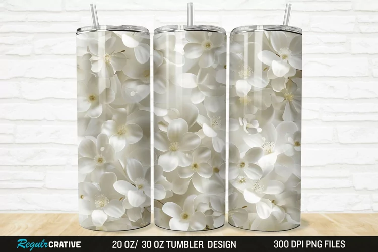 3D White Jasmine Flowers 20/30oz Skinny Tumbler