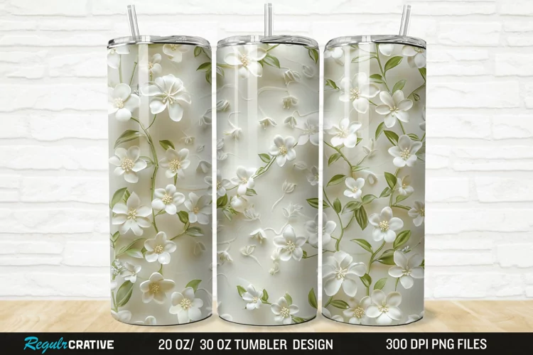 3D White Jasmine Flowers 20/30oz Skinny Tumbler