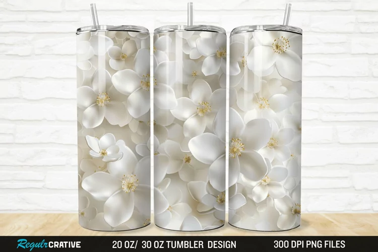3D White Jasmine Flowers 20/30oz Skinny Tumbler