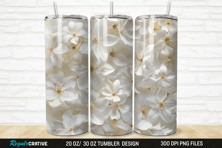 3D White Jasmine Flowers 20/30oz Skinny Tumbler