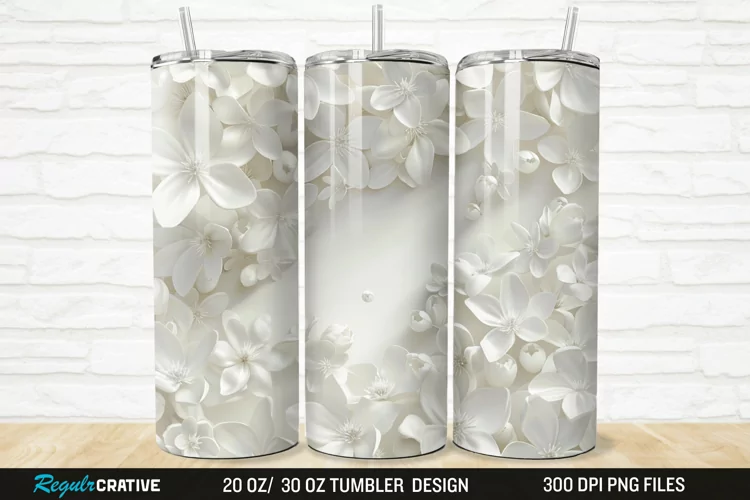 3D White Jasmine Flowers 20/30oz Skinny Tumbler