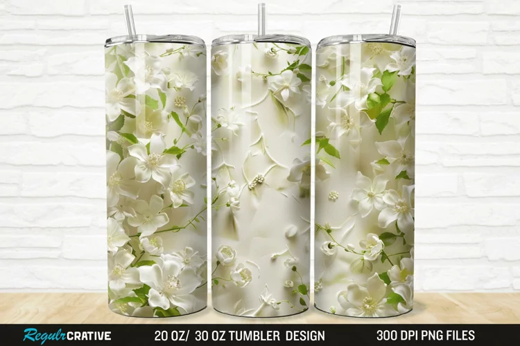 3D White Jasmine Flowers 20/30oz Skinny Tumbler