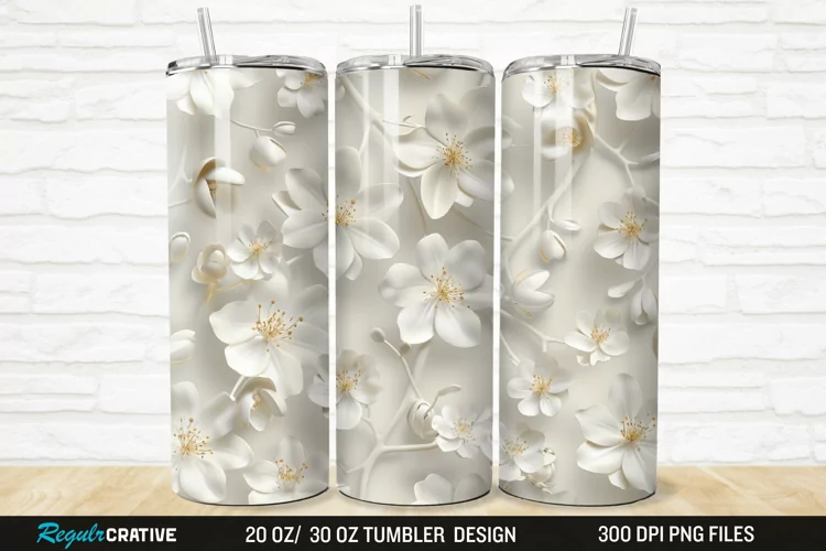3D White Jasmine Flowers 20/30oz Skinny Tumbler