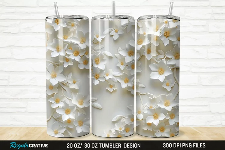 3D White Jasmine Flowers 20/30oz Skinny Tumbler