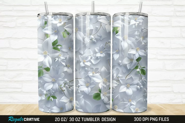 3D White Jasmine Flowers 20/30oz Skinny Tumbler