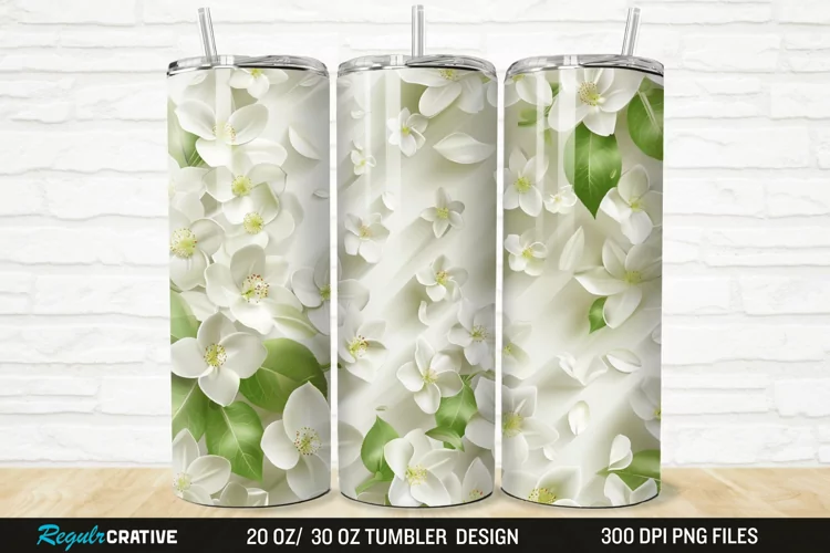 3D White Jasmine Flowers 20/30oz Skinny Tumbler