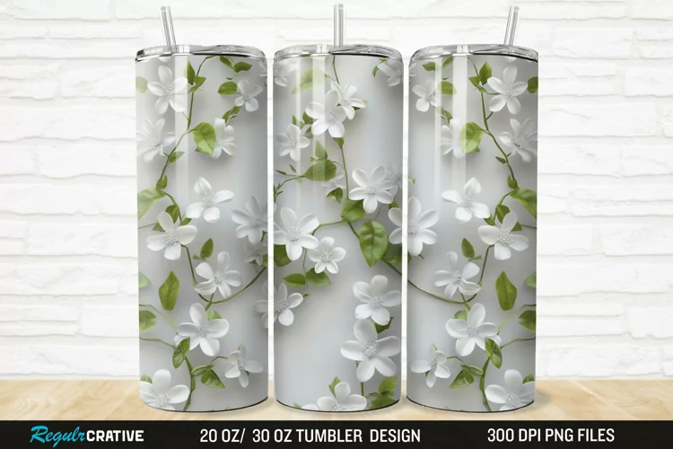 3D White Jasmine Flowers 20/30oz Skinny Tumbler