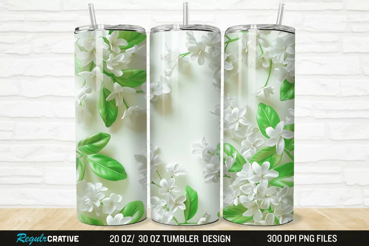 3D White Jasmine Flowers 20/30oz Skinny Tumbler