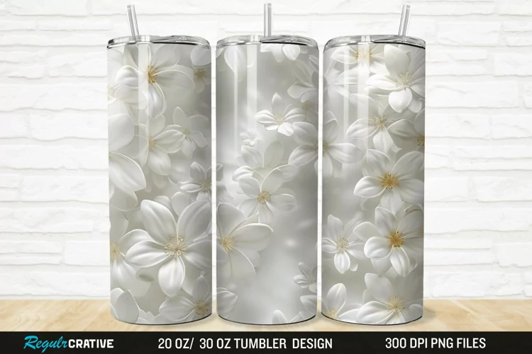 3D White Jasmine Flowers 20/30oz Skinny Tumbler