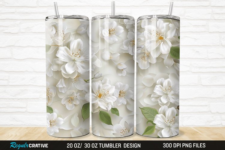 3D White Jasmine Flowers 20/30oz Skinny Tumbler example image 1