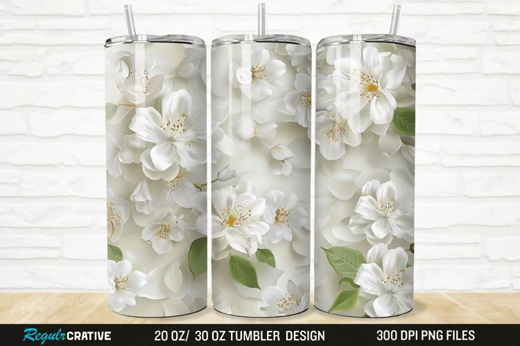 3D White Jasmine Flowers 20/30oz Skinny Tumbler