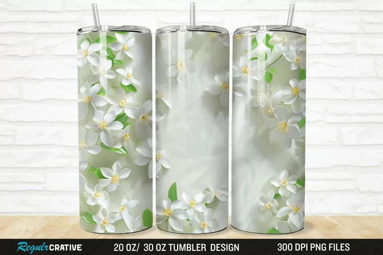 3D White Jasmine Flowers 20/30oz Skinny Tumbler