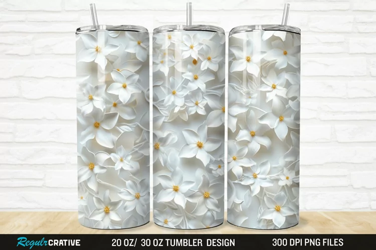 3D White Jasmine Flowers 20/30oz Skinny Tumbler