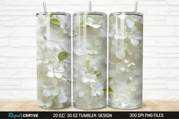 3D White Jasmine Flowers 20/30oz Skinny Tumbler