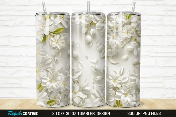 3D White Jasmine Flowers 20/30oz Skinny Tumbler