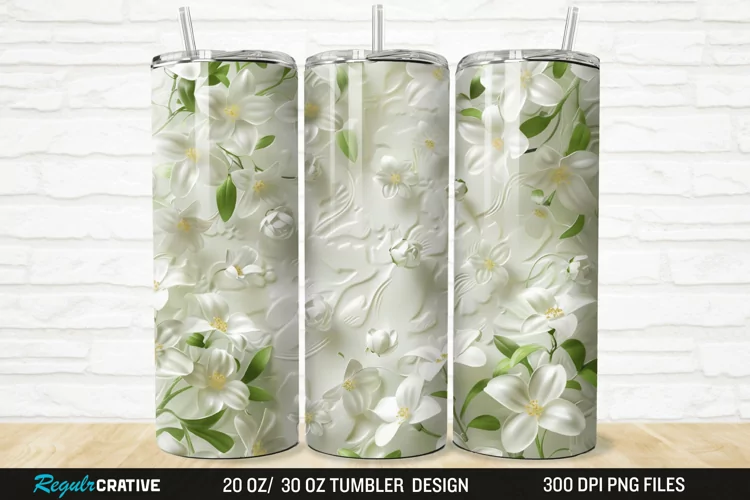 3D White Jasmine Flowers 20/30oz Skinny Tumbler