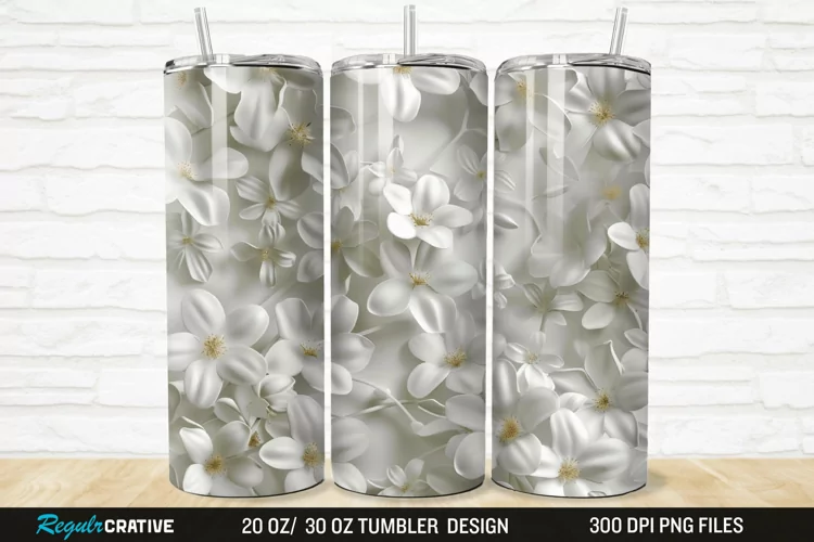 3D White Jasmine Flowers 20/30oz Skinny Tumbler