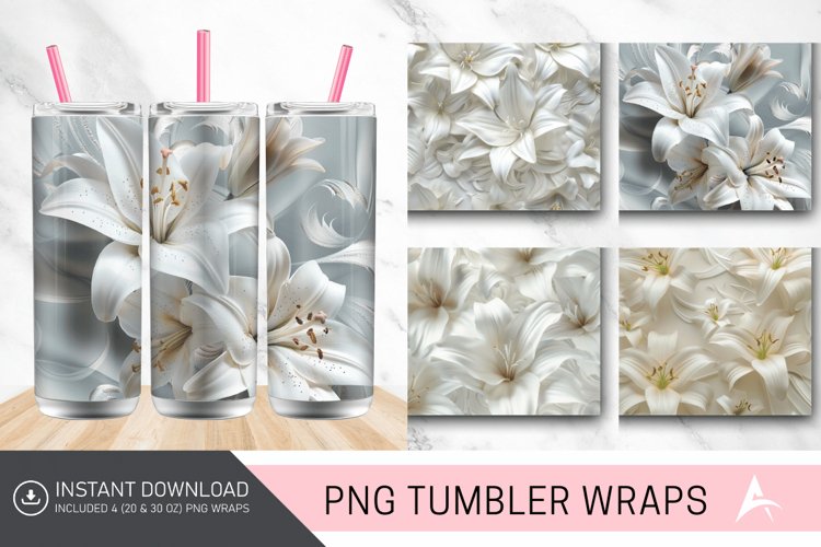 3D White Lilies Flowers Tumbler Wrap example image 1