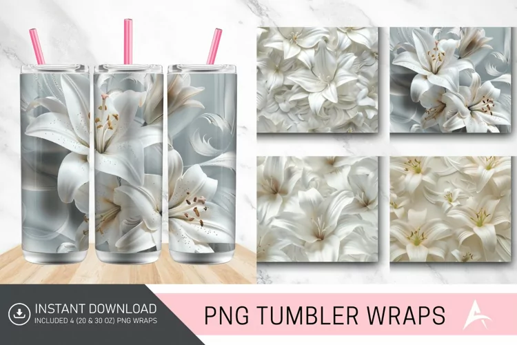3D White Lilies Flowers Tumbler Wrap