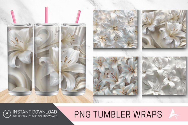 3D White Lilies Flowers Tumbler Wrap example image 1