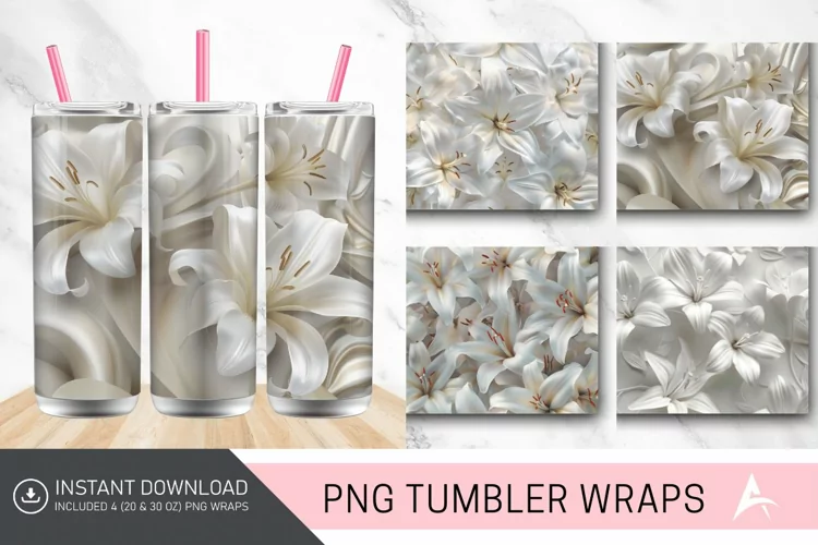 3D White Lilies Flowers Tumbler Wrap