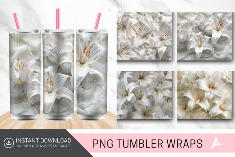 3D White Lilies Flowers Tumbler Wrap example image 1
